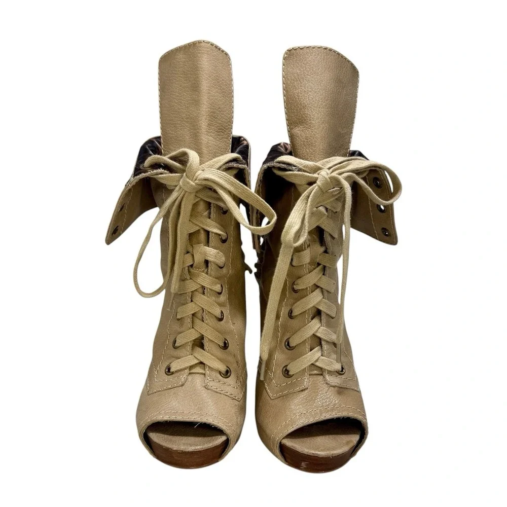 Betsey Johnson Open Toe Stiletto Leather Booties Ruffle Open Heel Lace Up 8.5M